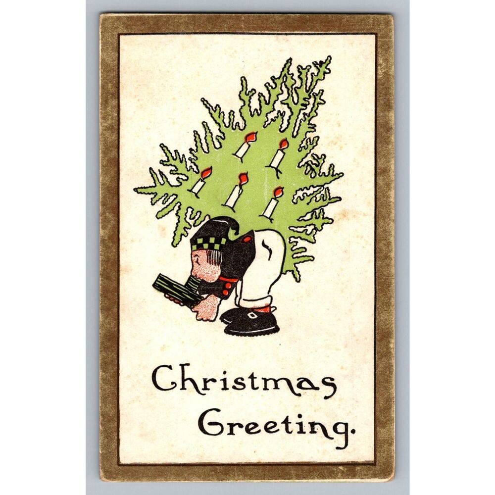Vintage K&T Christmas Greeting Postcard Gnome Elf Man Carrying Lit Tree